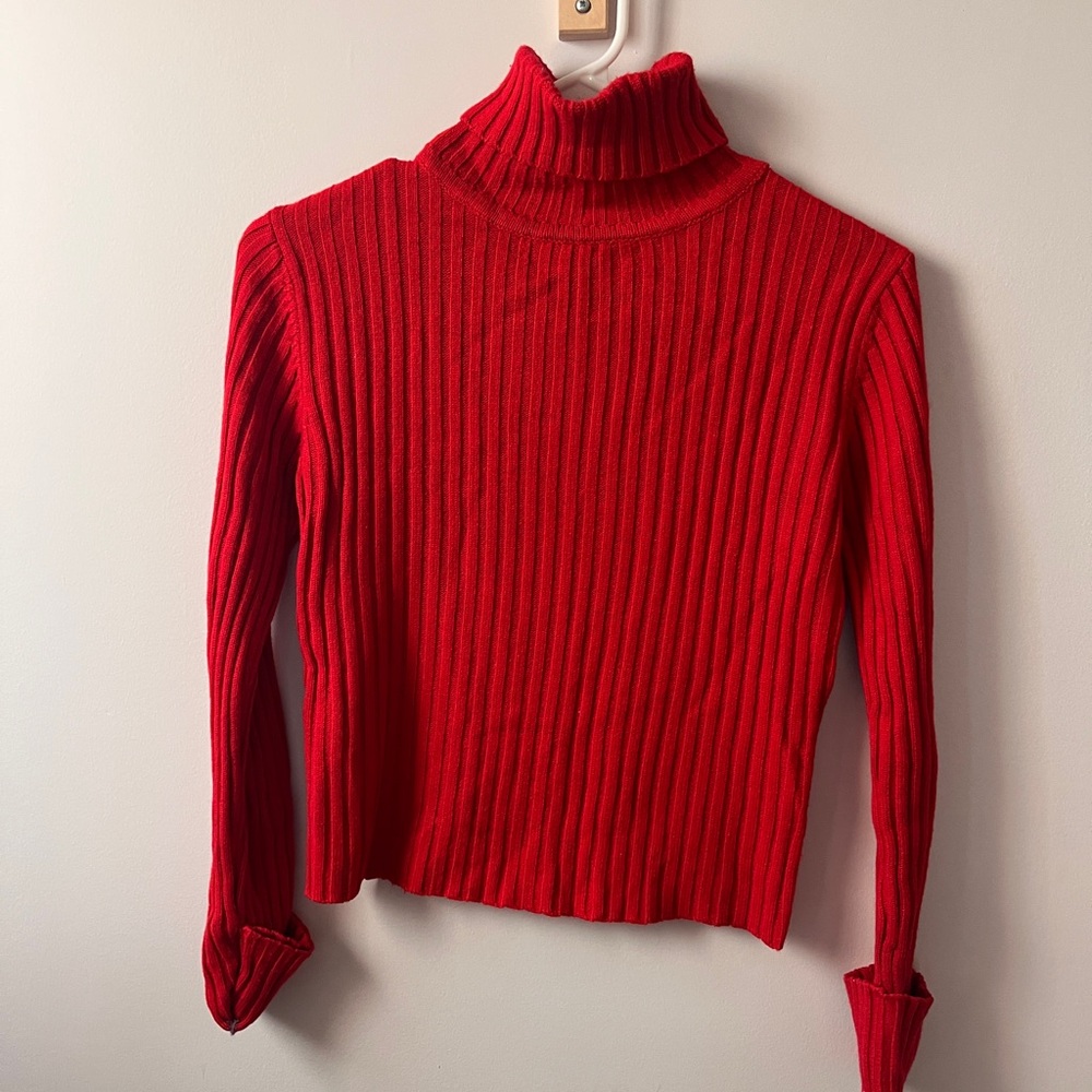 Red Ribbed Turtleneck Sweater
